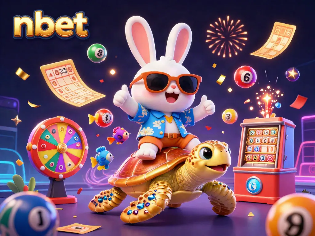 Experience the thrill with nbet's vibrant casino illustration, showcasing a lucky rabbit and golden sea turtle in action.