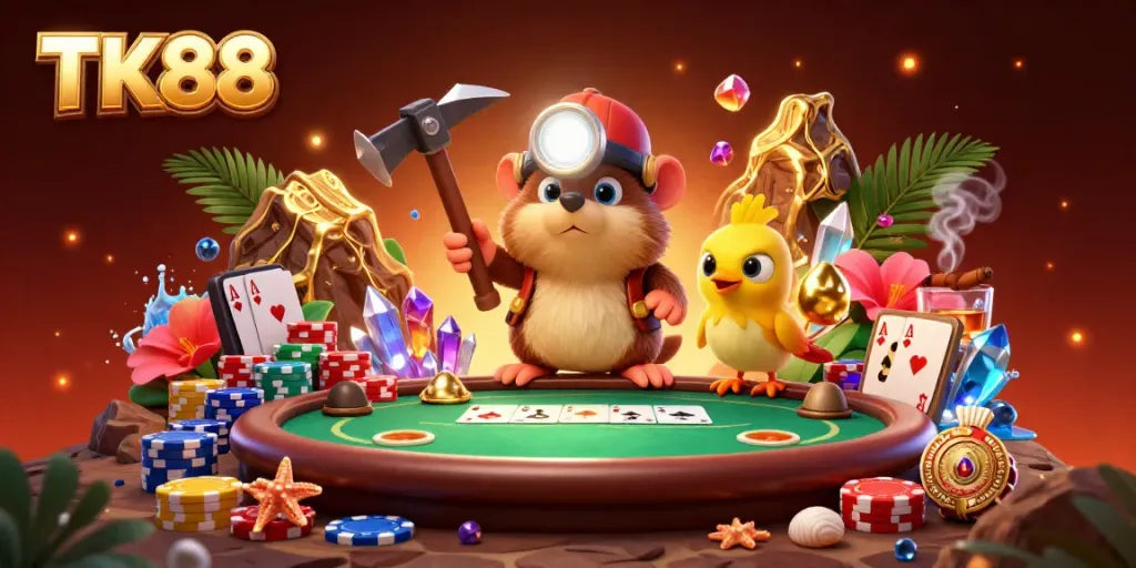 Engage with TK88's thrilling gaming experience featuring vibrant poker elements and a treasure hunter theme.