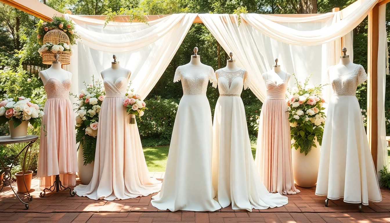 Rebel Designerwear showcases stunning bridal attire in a romantic outdoor setting.