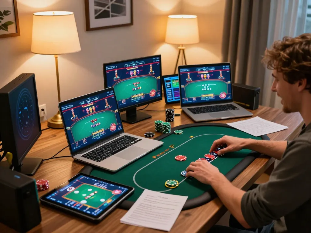 Engaging online poker tournament session at home with 88vvgo app on screens