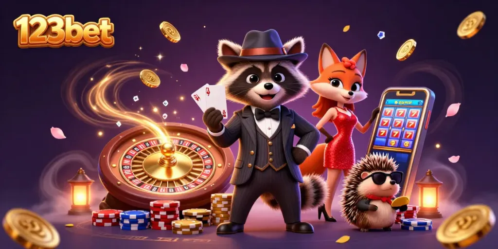 Experience thrilling action with 123bet as raccoon deals winning poker hands amid vibrant casino elements.