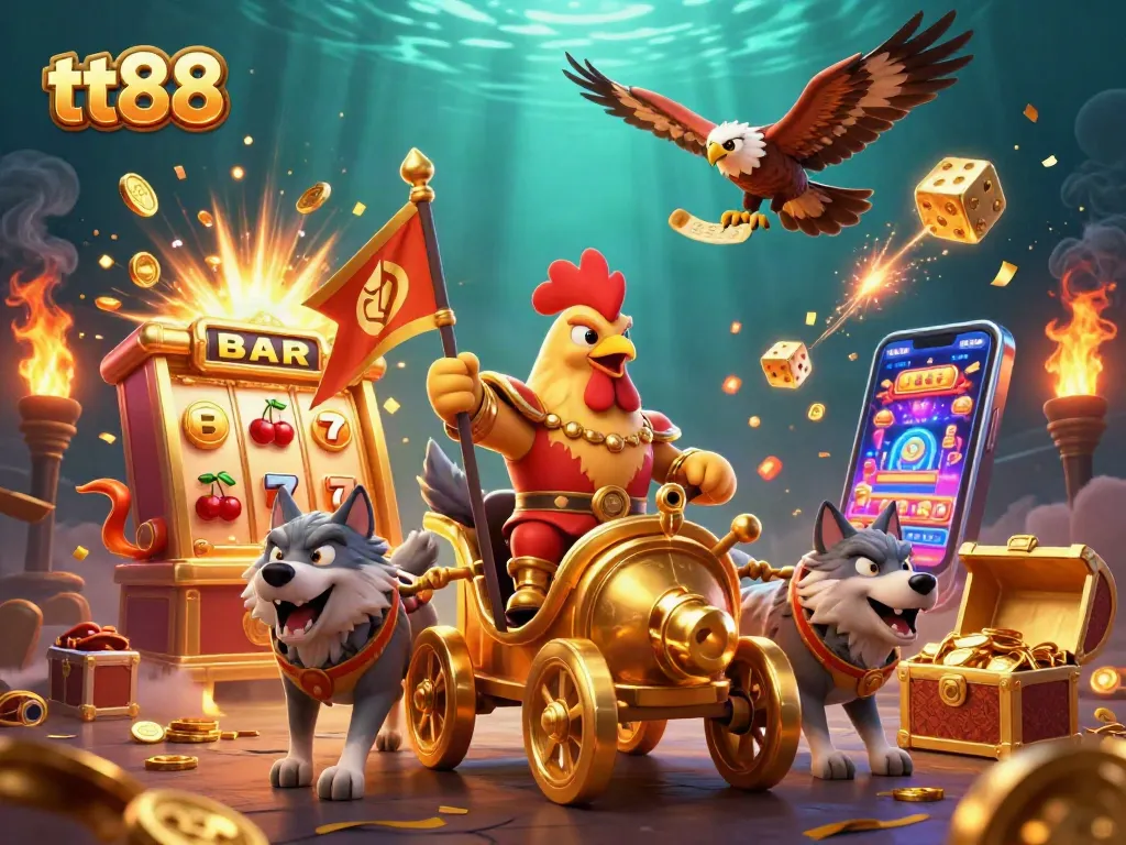Spin to win with tt88 in this vibrant 3D scene featuring a rooster warlord and casino excitement.