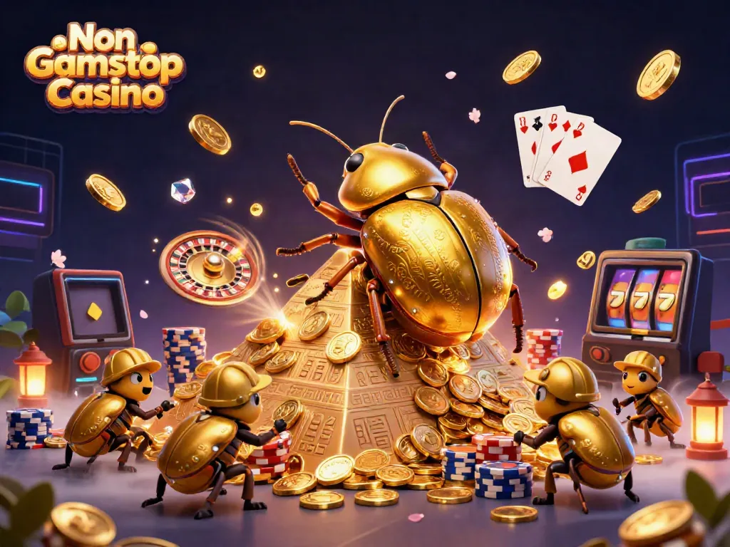 Join the Non Gamstop Casino adventure in a vibrant 3D scene, featuring golden beetles and casino symbols.