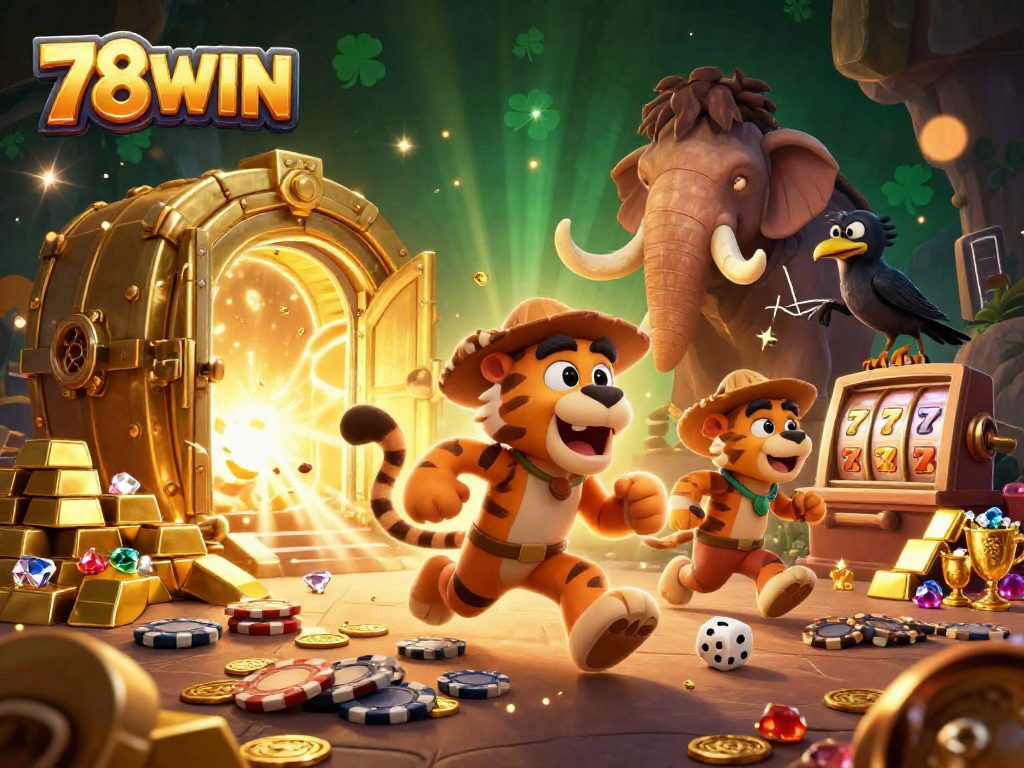 Experience the thrilling world of 78WIN with a vibrant casino scene bursting with excitement and treasures.