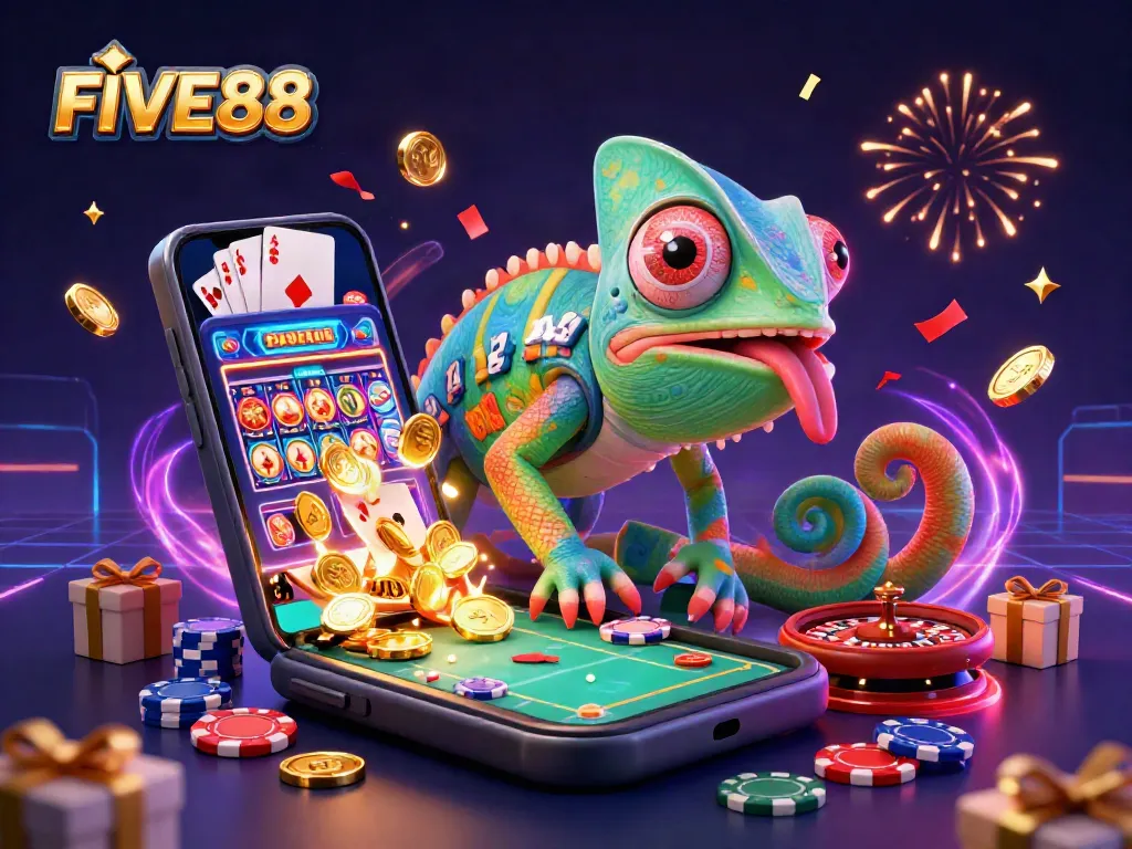 Experience thrilling gaming scenarios with FIVE88's dynamic 3D casino environment and vibrant elements.