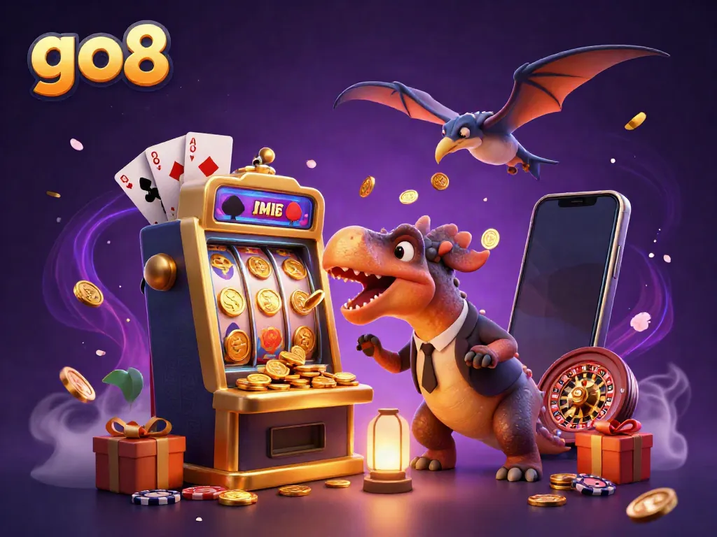 Experience the excitement at GO8 with a pachycephalosaurus winning at a golden slot machine, surrounded by flying coins.