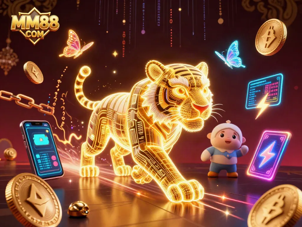Experience the thrill with MM88 COM in a vibrant 3D casino scene filled with glowing crypto coins.