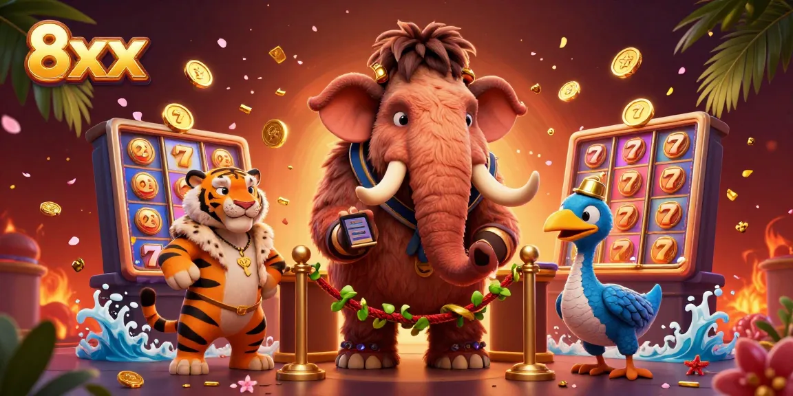 Join the fun at 8xx with a woolly mammoth bouncer welcoming players to the casino experience.