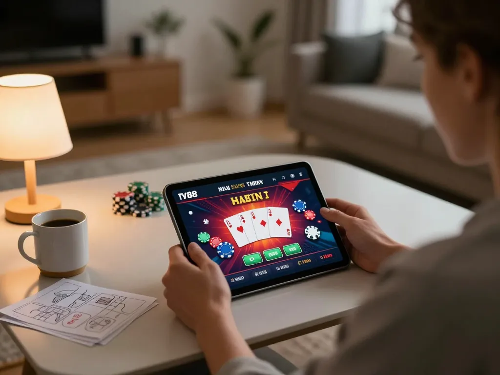 Player enjoying TV88 online casino gaming on a tablet, showcasing a vibrant poker scene.