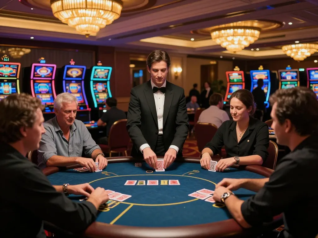 Players engaging in an exciting game of poker at BL555 casino with a lively atmosphere and elegant decor.