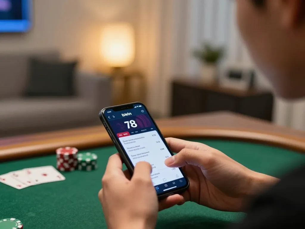 Player enjoying poker on the 78win app in a modern home office, showcasing strategic gameplay.