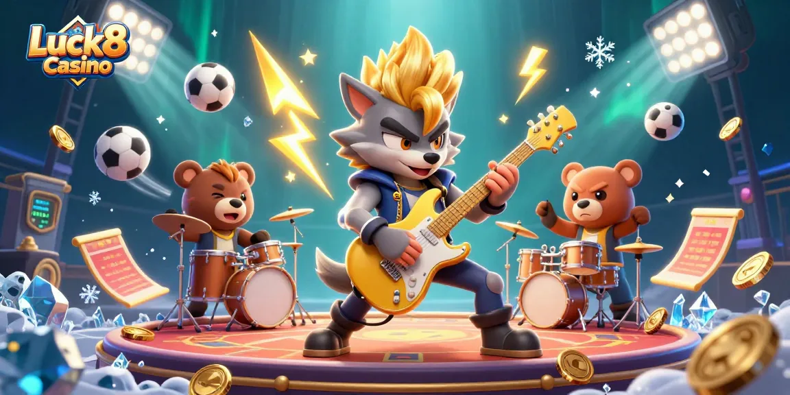 Luck8 Casino showcases an explosive gaming scene with a dynamic rock star wolf and a drumming bear.