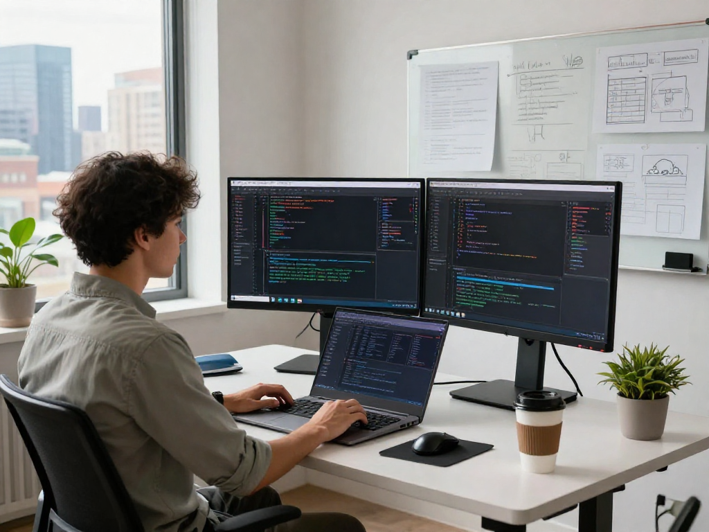 Developer working on net88 software at a modern workspace with high-tech gear and city skyline view.