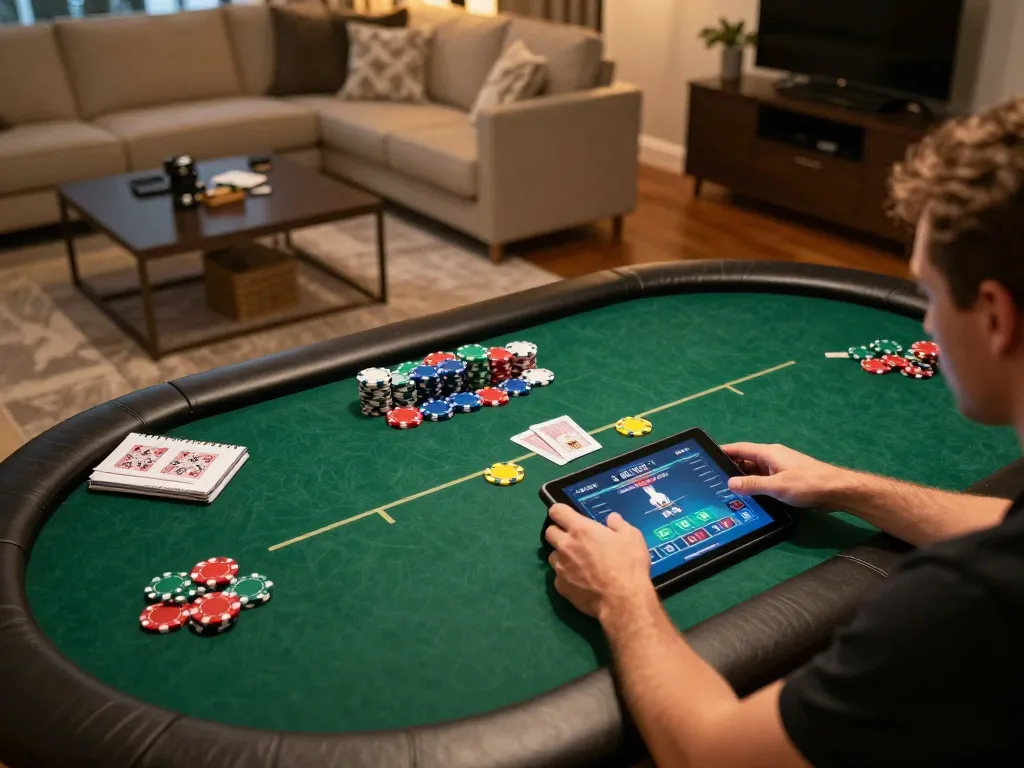 Players strategizing online poker options in their cozy VN88 gaming room, creating a warm atmosphere.