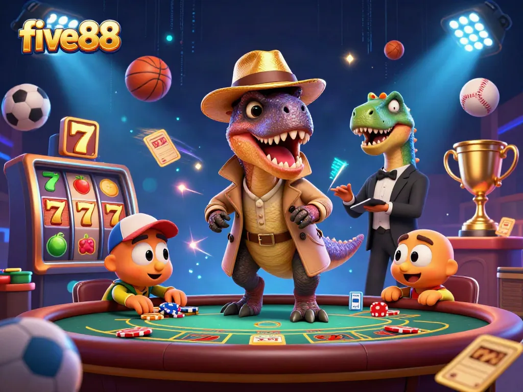 Experience thrilling gameplay with five88 as animated dinosaurs engage in casino action.