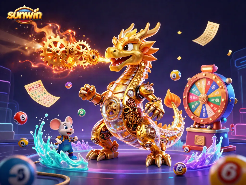 Engage in thrilling gameplay at sunwin with vibrant lottery elements and a golden dragon backdrop.