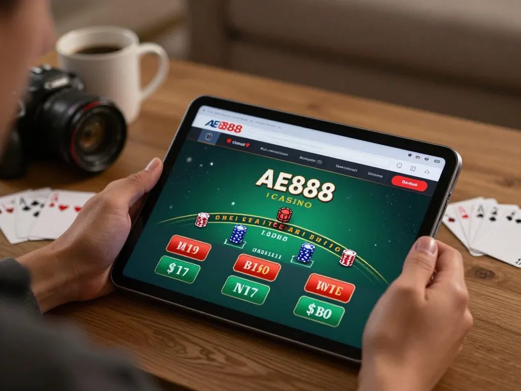Player enjoying AE888 online casino gaming on a tablet in cozy home atmosphere.