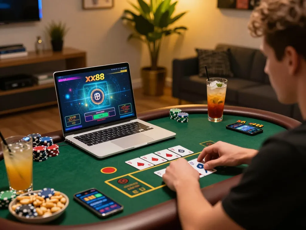 Engaging online gaming scene at xx88 with a live dealer game on laptop