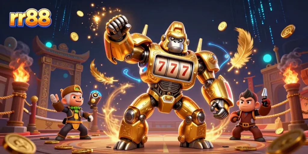 Experience thrilling gaming action at rr88 with a dynamic mech and vibrant casino elements.