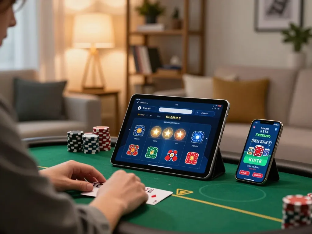 Bl555 user enjoying poker on a tablet in a warm and engaging home setting.