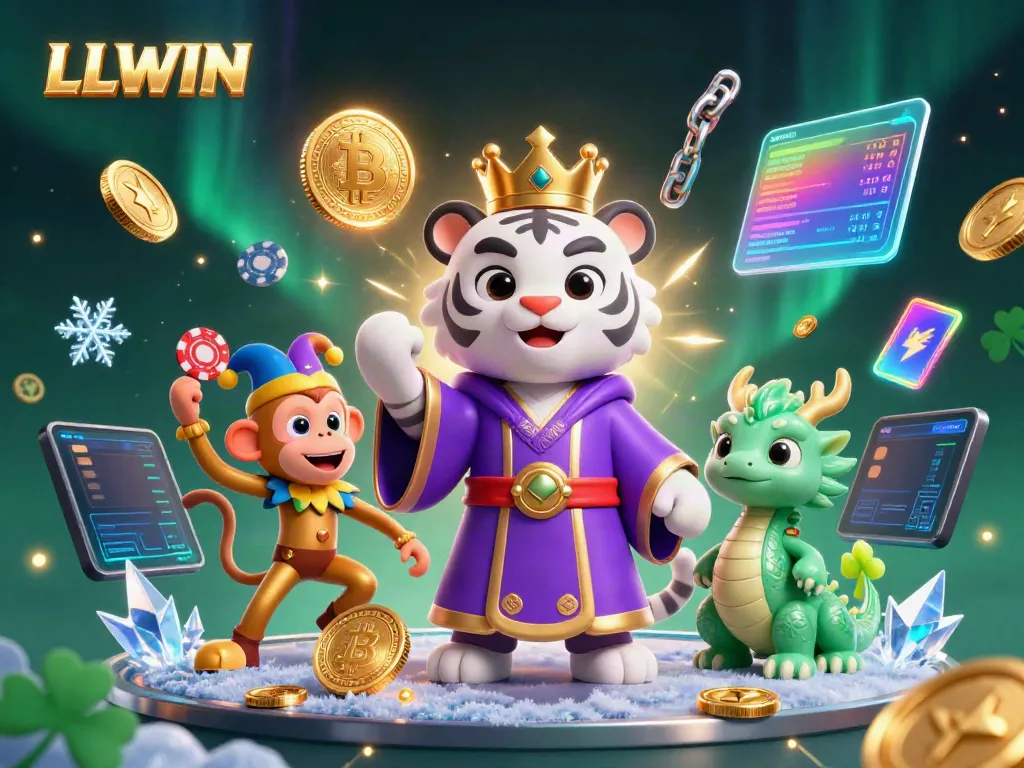 LLWIN showcases an elegant tiger and playful monkey in a vibrant 3D casino illustration filled with crypto elements.