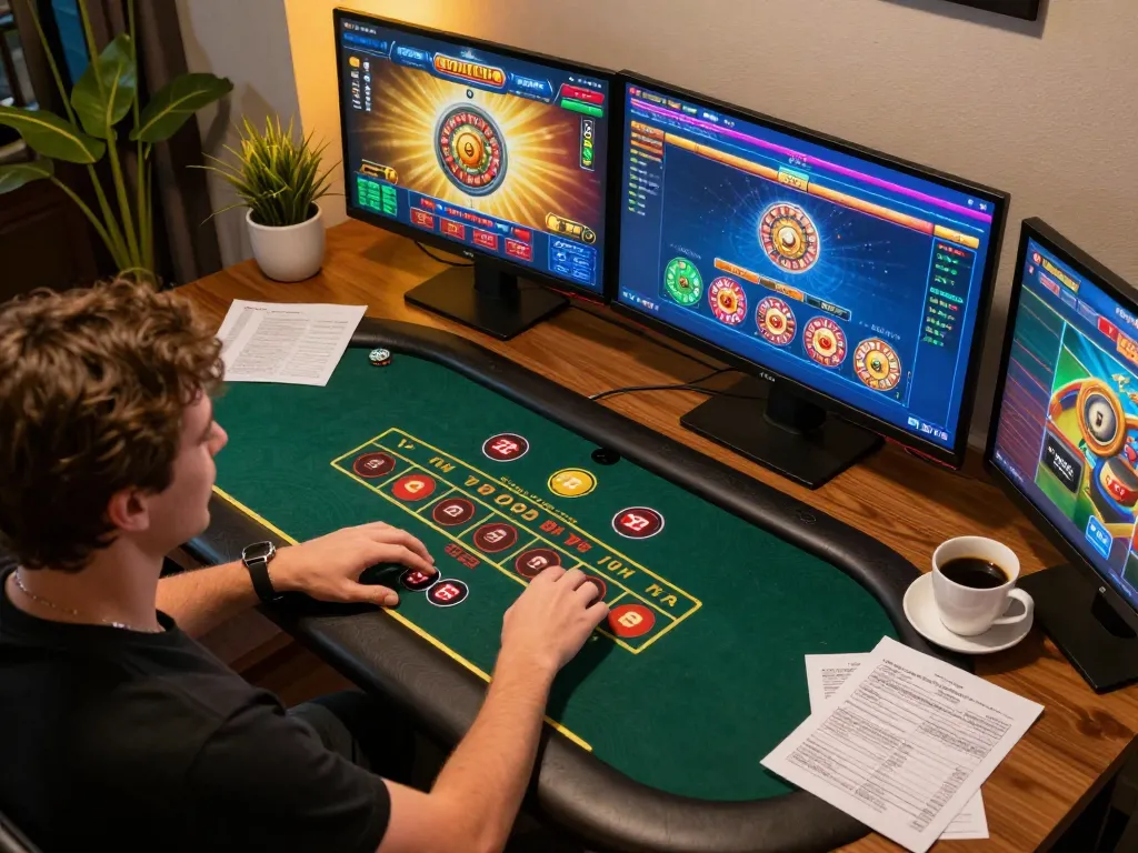 Person engaging in mb66 online gaming with multiple casino screens showcasing exciting games.
