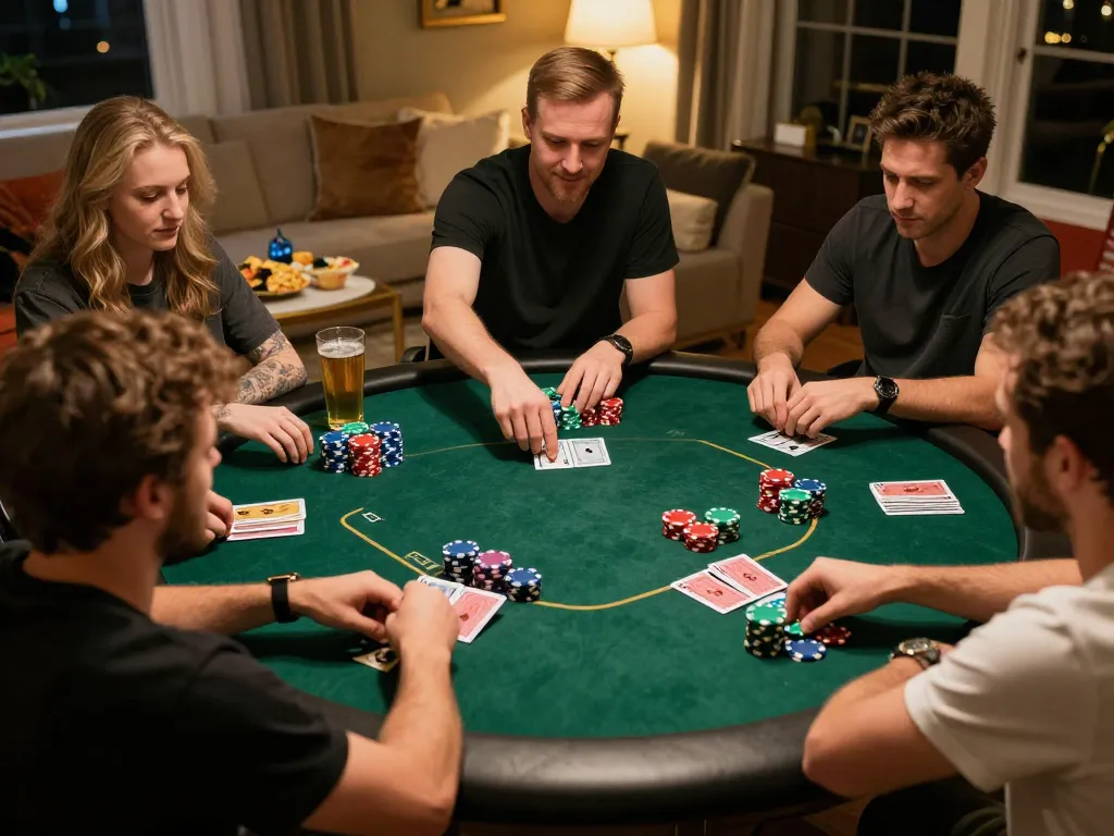 Friends playing poker at home, showcasing a responsible gaming environment with house rules and strategy discussions at a nhà cái uy tín.