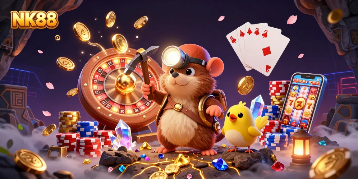 Experience exciting rewards at NK88 with a vibrant illustration of treasure hunting in a glowing casino cave.