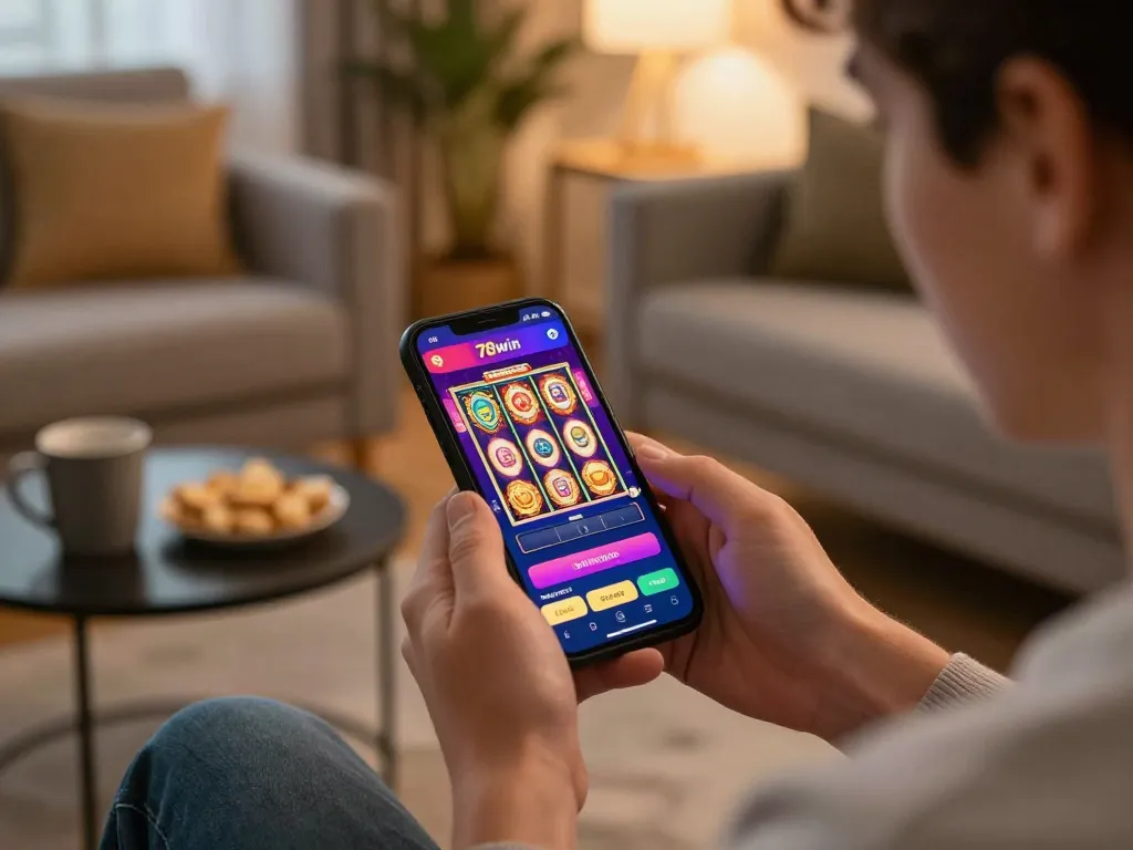 Player engaging with the 78win app in a cozy home setting, showcasing mobile gaming excitement.
