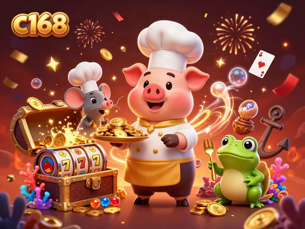 c168 celebrates casino fun with a pig chef serving gold coins surrounded by vibrant game elements.