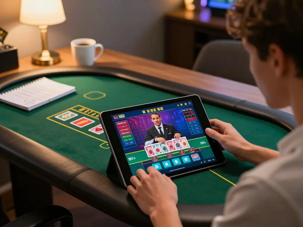 Player enjoying live dealer blackjack on LC 88 tablet with warm home ambiance