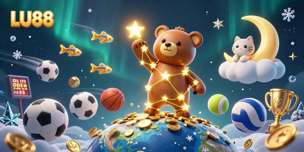 LU88 showcases winning strategies in a vibrant 3D casino illustration filled with engaging elements and coins.