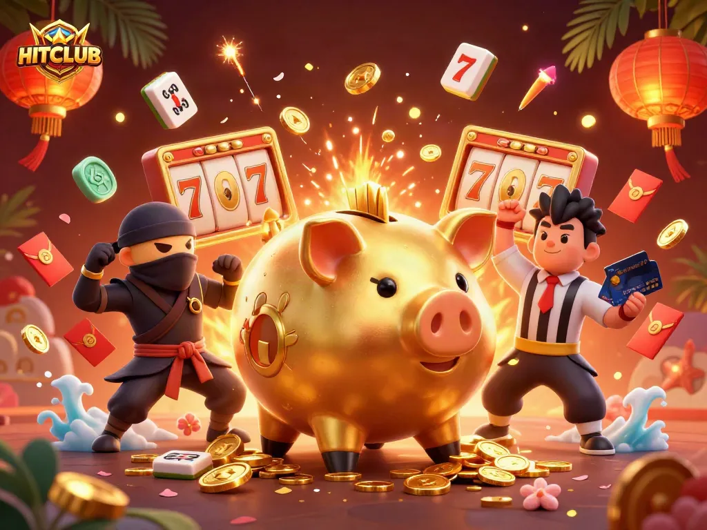 Engage in exciting games at HITCLUB with treasures from the golden piggy bank, as slot reels surround