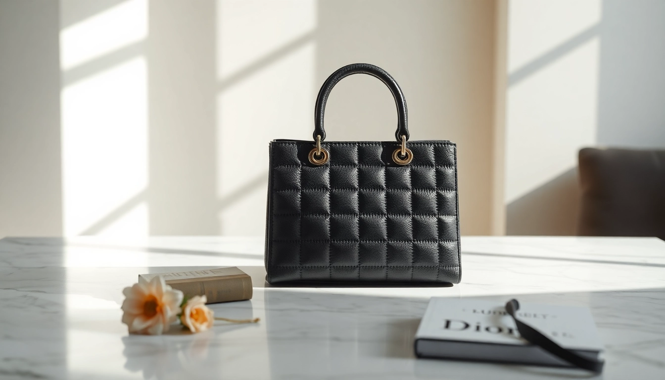 Dior luxury handbag displayed elegantly on marble surface with soft lighting.