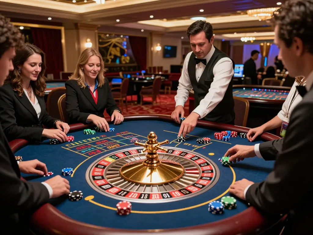 Experience the thrill of NK88 as players engage at the roulette table, vibrant casino atmosphere.