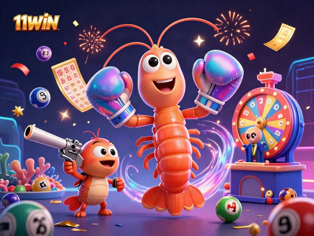 Engage with 11WIN's vibrant lottery scene featuring colorful elements, energetic characters, and casino excitement.