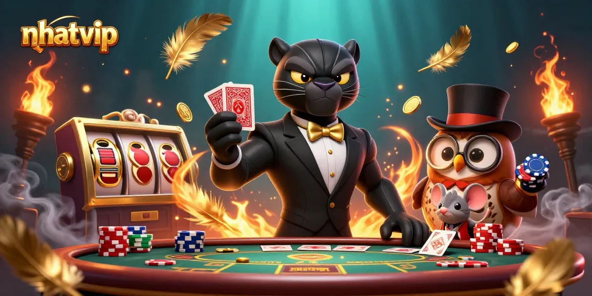 Experience the thrill of winning at nhatvip with stylish characters dealing cards and holding poker chips.