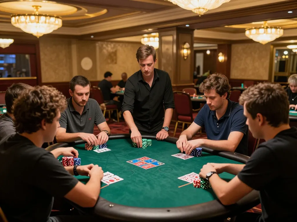 Engaging poker game at 23winn casino with players focused and colorful chips stacked
