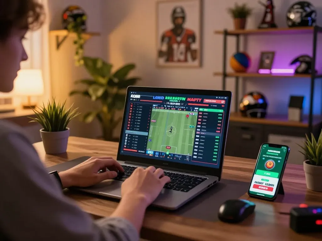 KQBD user engaging in sports betting with live match statistics on the screen in a cozy home office.
