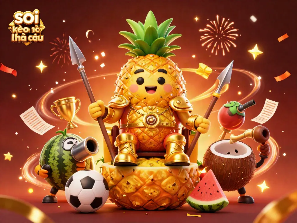 Engaging scene showcasing soi kèo nhà cái with golden pineapple king, surrounded by betting elements and festive fireworks.