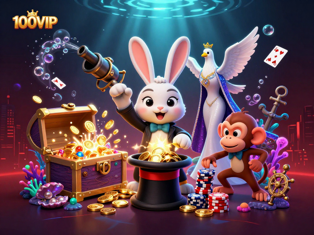 Experience the thrill of 100VIP, where a magician rabbit unleashes golden coins in an enchanting casino scene.
