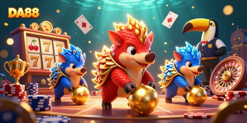 Betting on DA88 with a competitive pangolin duo enjoying lively casino games amidst glistening poker chips.