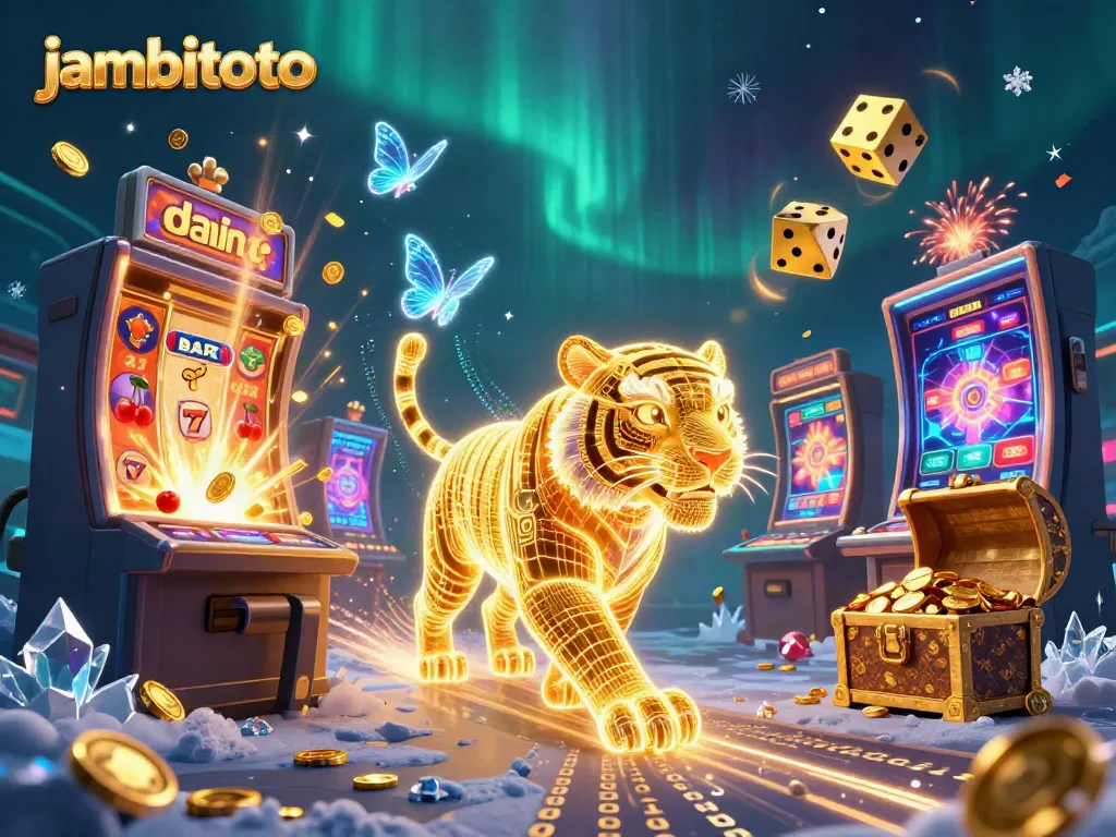 Engage in thrilling gaming at jambitoto's vibrant casino, featuring electric symbols and dynamic scenes.
