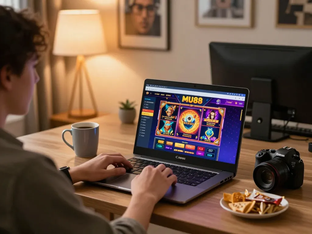 Engaging in the MU88 online casino experience from a cozy home setup with exciting game visuals