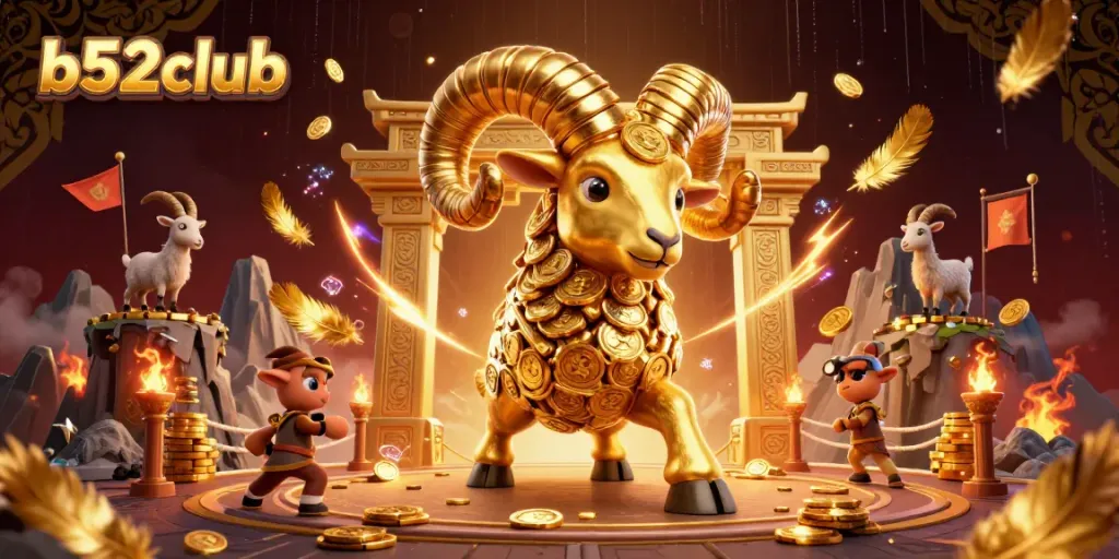 Experience excitement and victory at b52club with the thrilling golden ram charging through a vibrant casino scene.