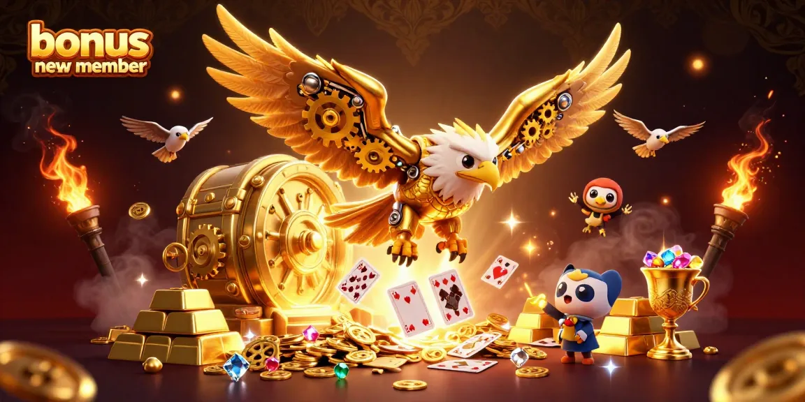Memenangkan bonus anggota baru dengan ilustrasi 3D kasino yang menarik dan penuh aspek keemasan.