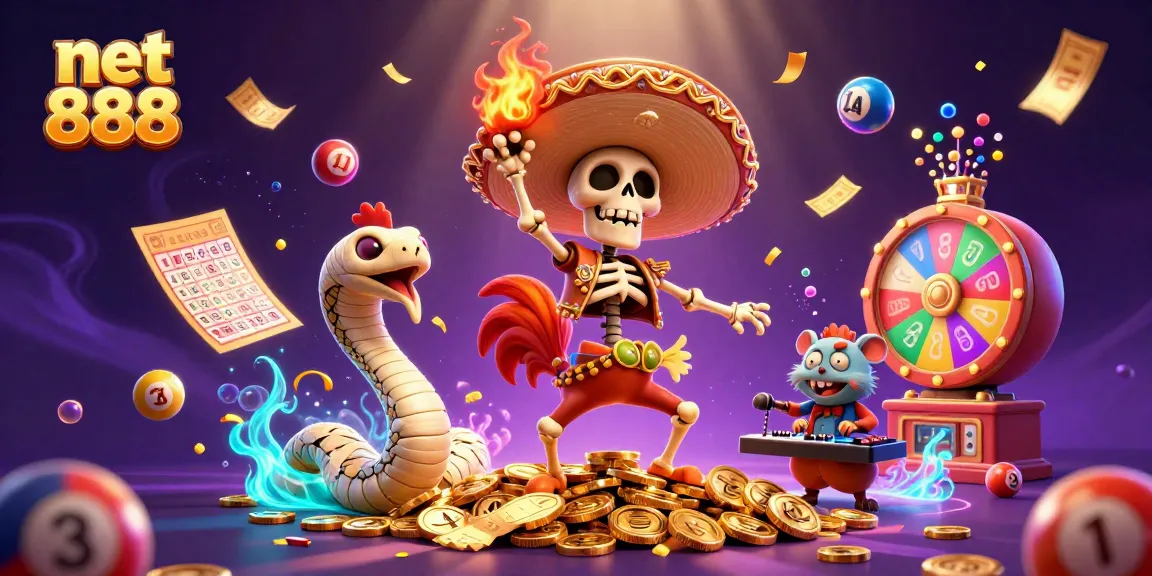 Win big at net 888 with vibrant lottery balls and festive casino characters!