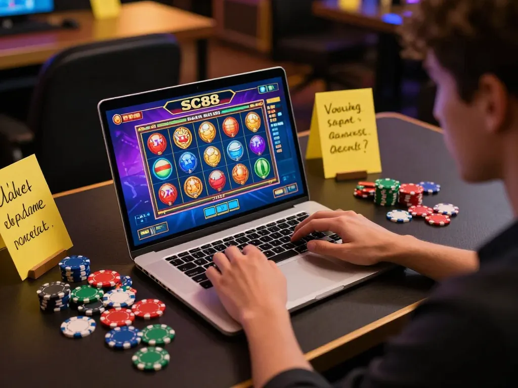Player engaging in SC88 online gaming with vibrant slots on display, promoting strategic play and responsible gambling.