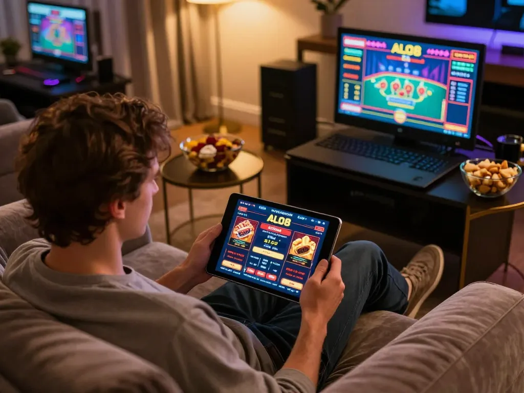 Engaging moment of a player using ALO8 online casino app on a tablet, showcasing a relaxing home gambling atmosphere.