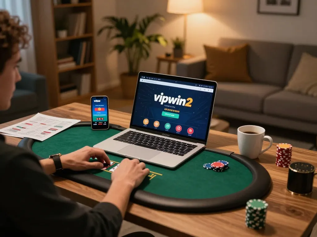 Player using vipwin2 for online poker with warm ambient lighting and strategic notes on a cozy desk